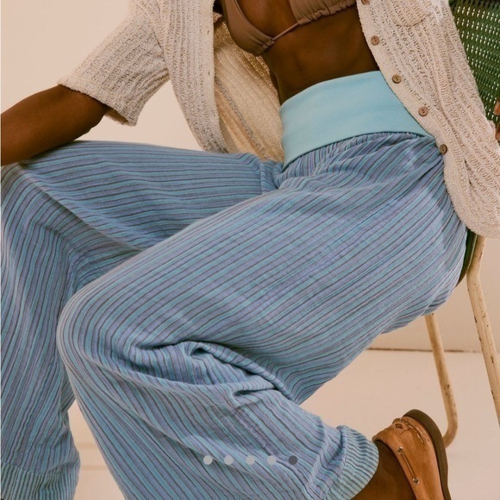 Free People Ride With Me Striped Pants Women Wide Pants Blue Large Beac…